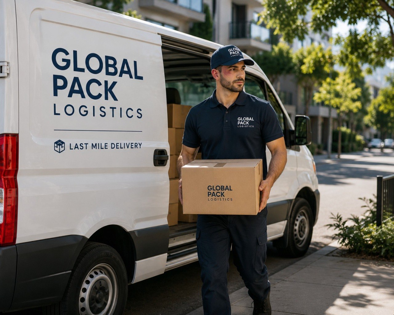 Global Pack Logistics driver delivering a package beside a branded delivery van